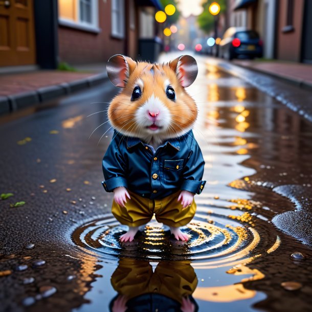 Photo of a hamster in a trousers in the puddle