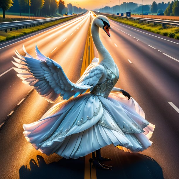 Foto de un cisne en un vestido en la carretera