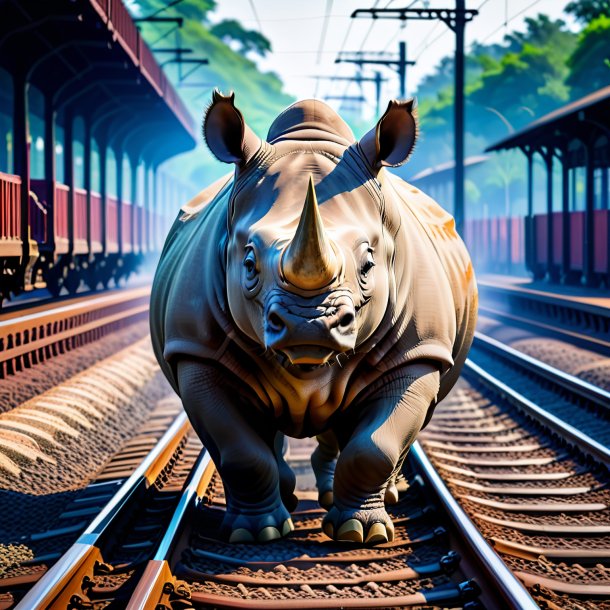 Pic of a rhinoceros in a belt on the railway tracks