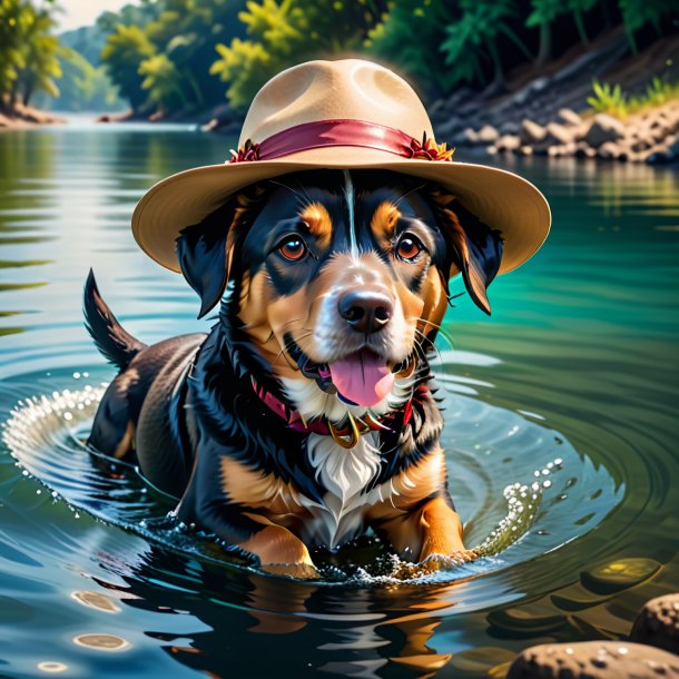 Picture of a dog in a hat in the water