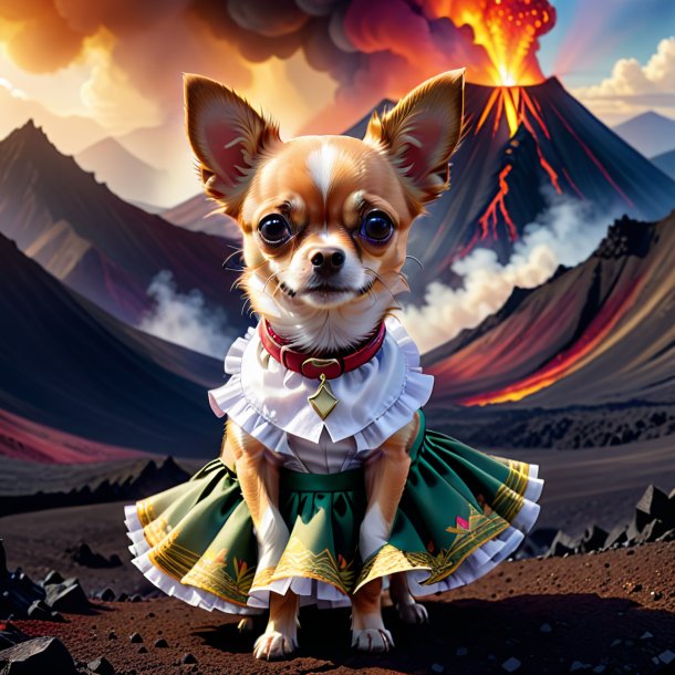 Illustration of a chihuahua in a skirt in the volcano