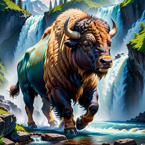 Drawing of a bison in a trousers in the waterfall