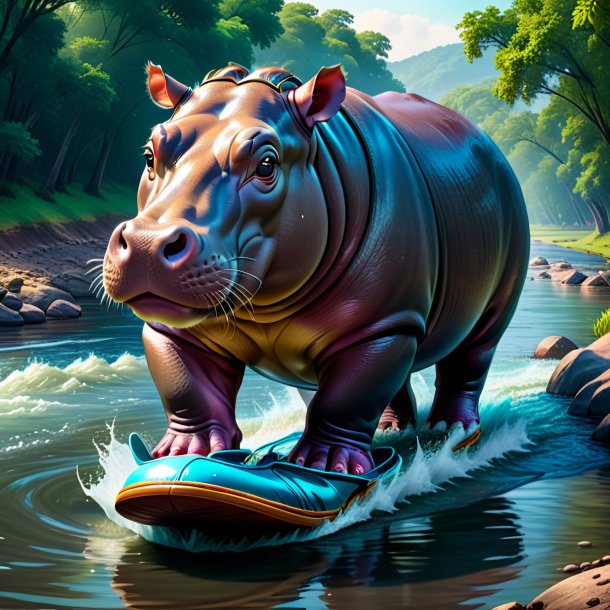 Illustration of a hippopotamus in a shoes in the river