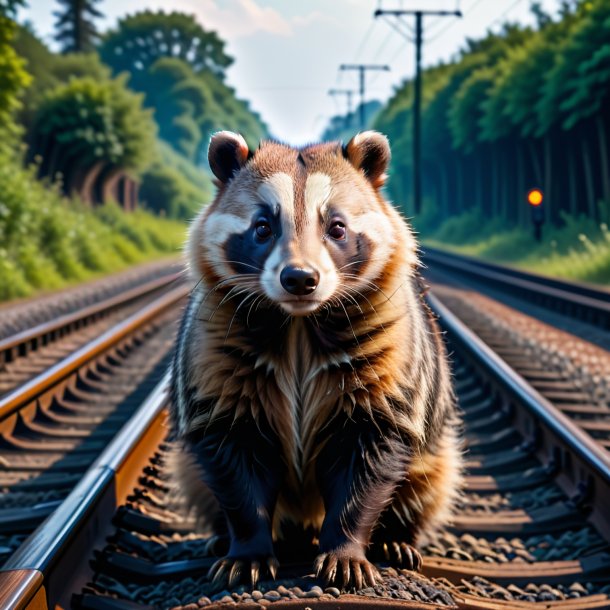 Picture of a badger in a coat on the railway tracks