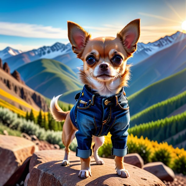 Pic of a chihuahua in a jeans in the mountains