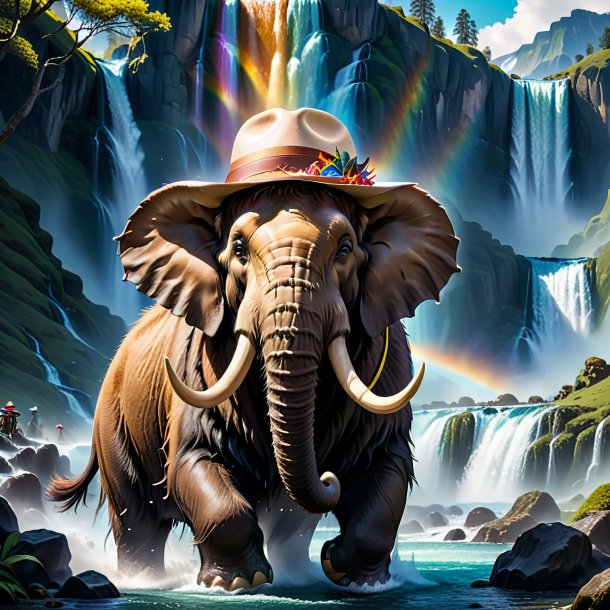 Image of a mammoth in a hat in the waterfall