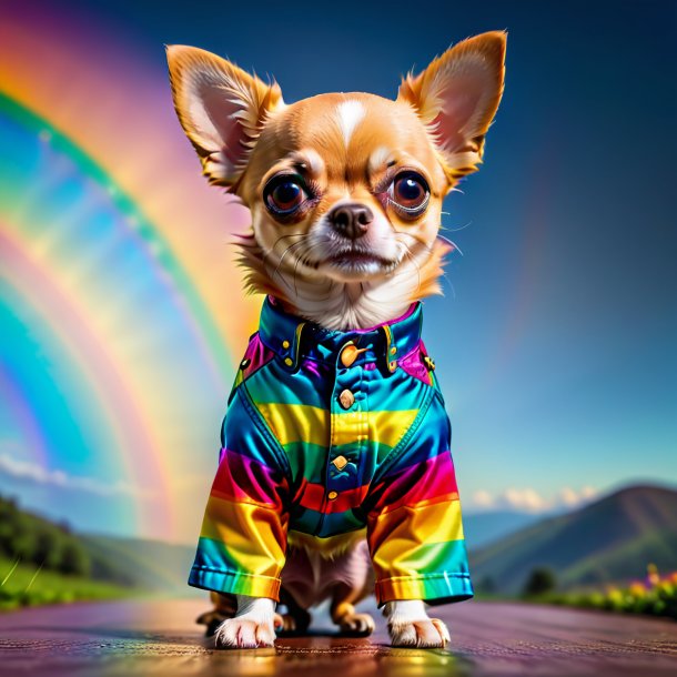 Pic d'un chihuahua dans un pantalon sur l'arc-en-ciel