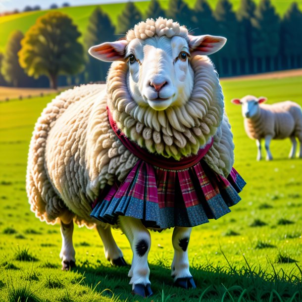 Picture of a sheep in a skirt on the field