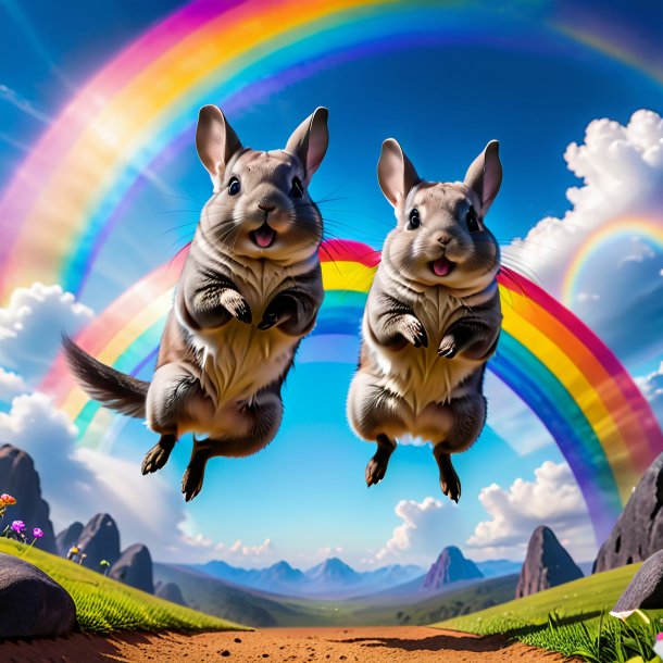 Pic d'un saut d'une chinchillas sur l'arc-en-ciel