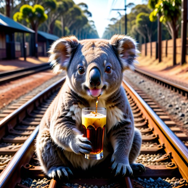 De uma bebida de um coala nos trilhos ferroviários