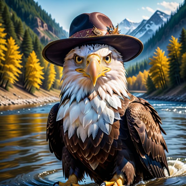 Image of a eagle in a hat in the river