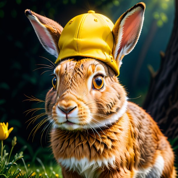 Foto de una liebre en una gorra amarilla