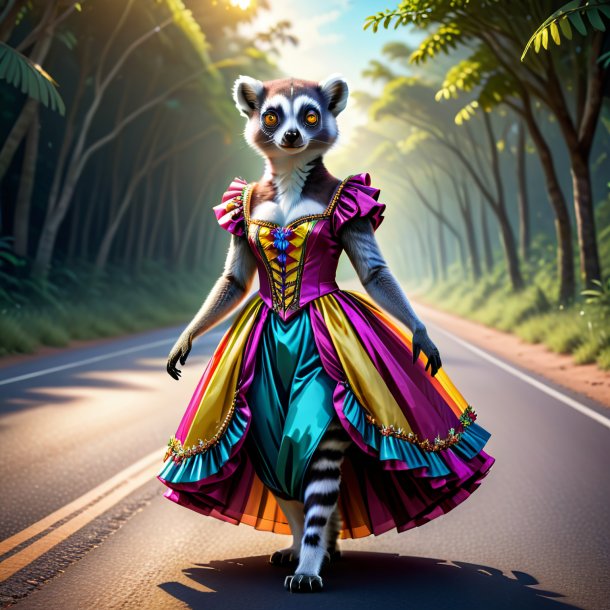 Illustration of a lemur in a dress on the road