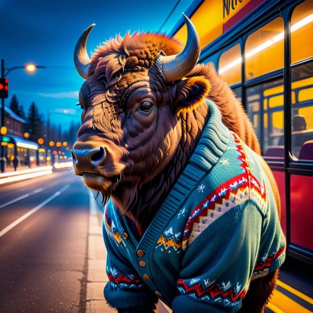 Foto de um bisonte em um suéter no ponto de ônibus