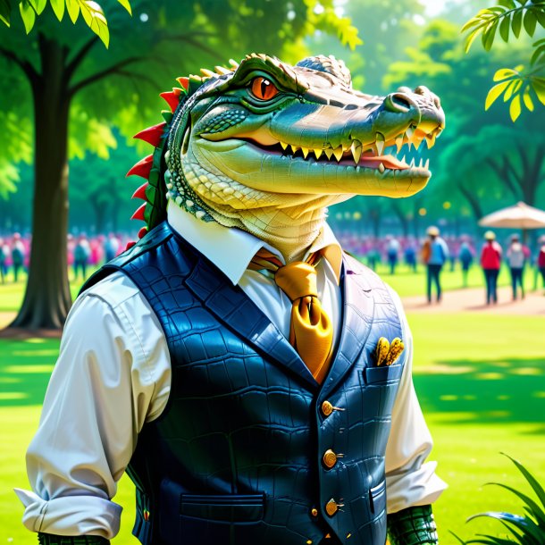 Drawing of a crocodile in a vest in the park