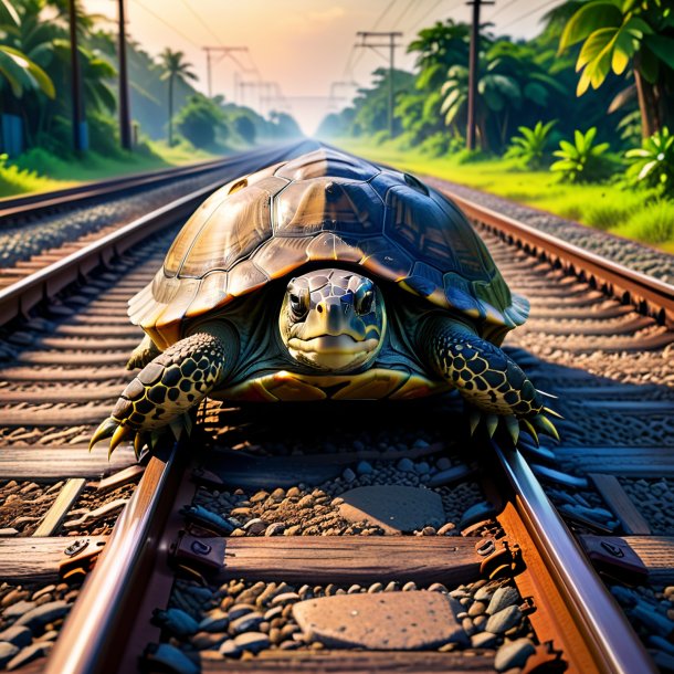 Foto de una espera de una tortuga en las vías del tren