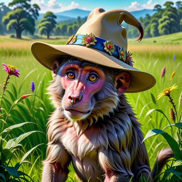 Drawing of a baboon in a hat in the meadow