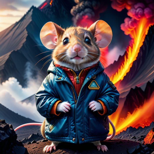 Photo of a mouse in a jacket in the volcano