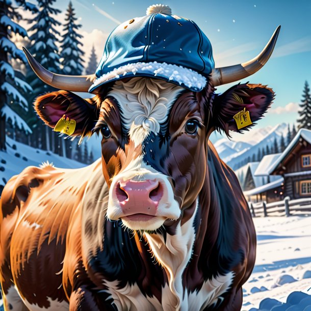 Dessin d'une vache dans une casquette dans la neige