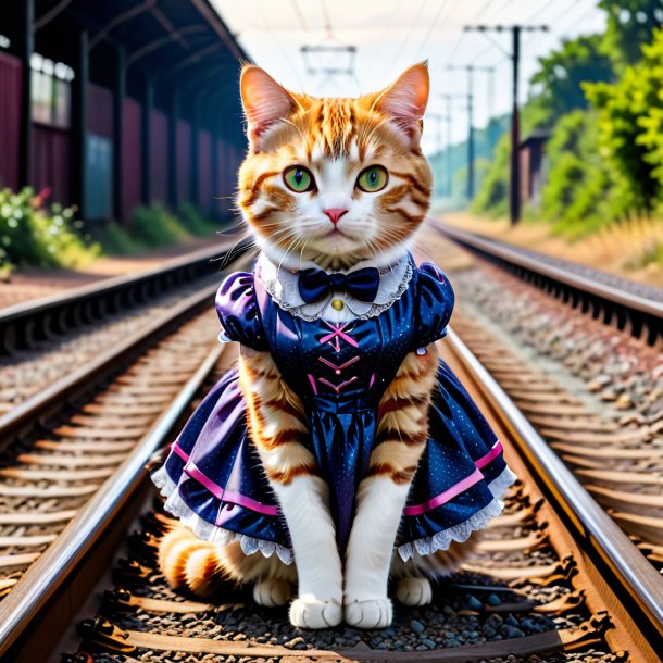 Imagen de un gato en un vestido en las vías del ferrocarril