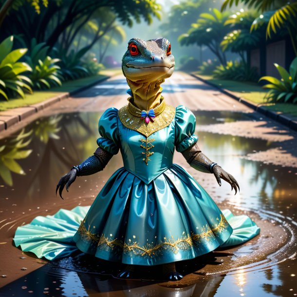 Illustration of a monitor lizard in a dress in the puddle