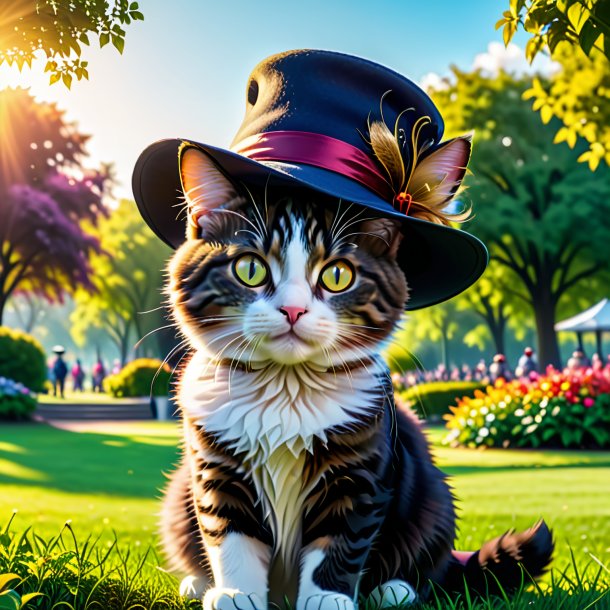 Imagen de un gato en un sombrero en el parque