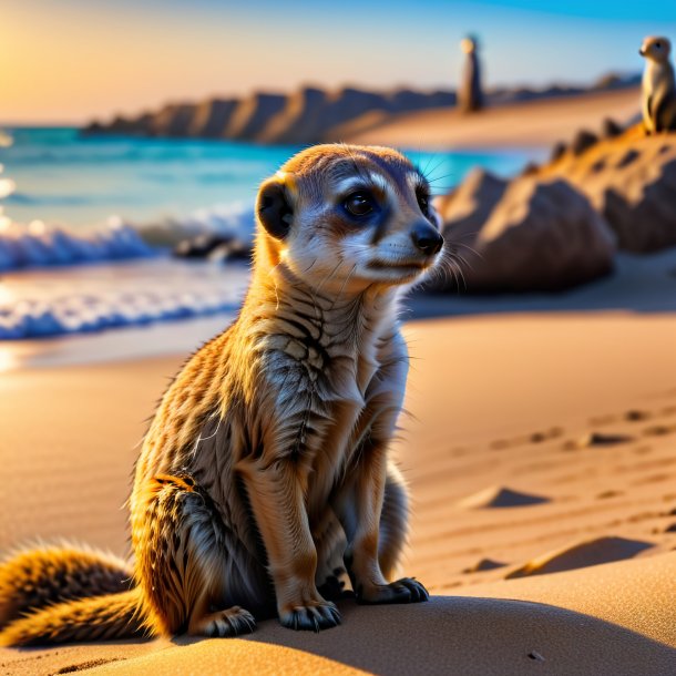 Pic d'une attente d'un meerkat sur la plage