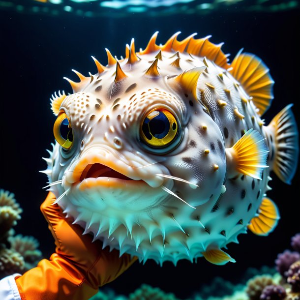 Pic of a pufferfish in a orange gloves