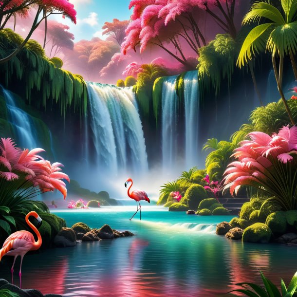 Picture of a waiting of a flamingo in the waterfall