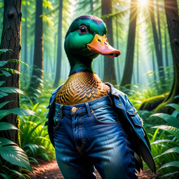 Photo of a duck in a jeans in the forest