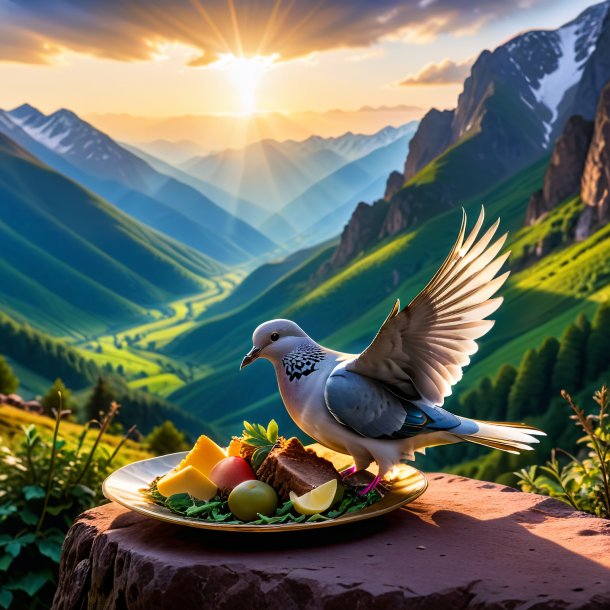 Photo of a eating of a dove in the mountains