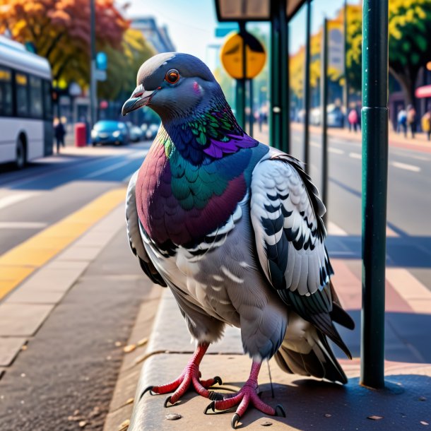 Um pombo em uma calça no ponto de ônibus