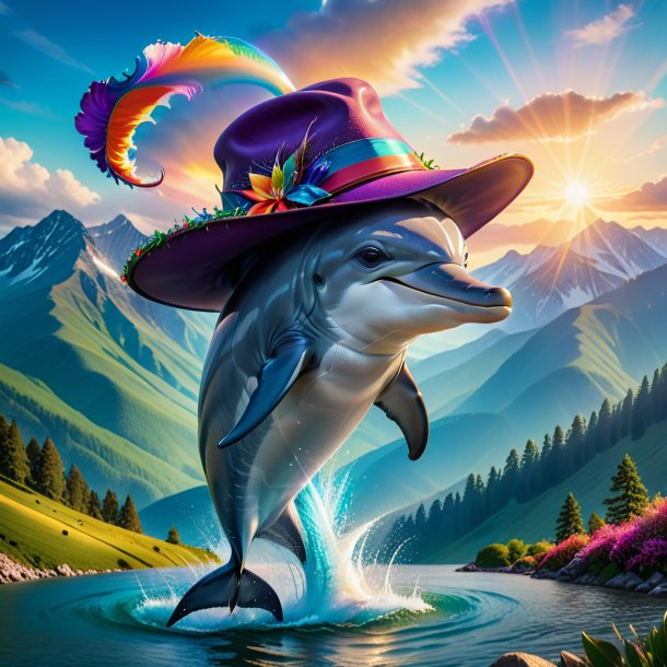 Photo of a dolphin in a hat in the mountains