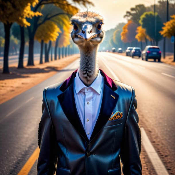 Pic of a ostrich in a jacket on the road