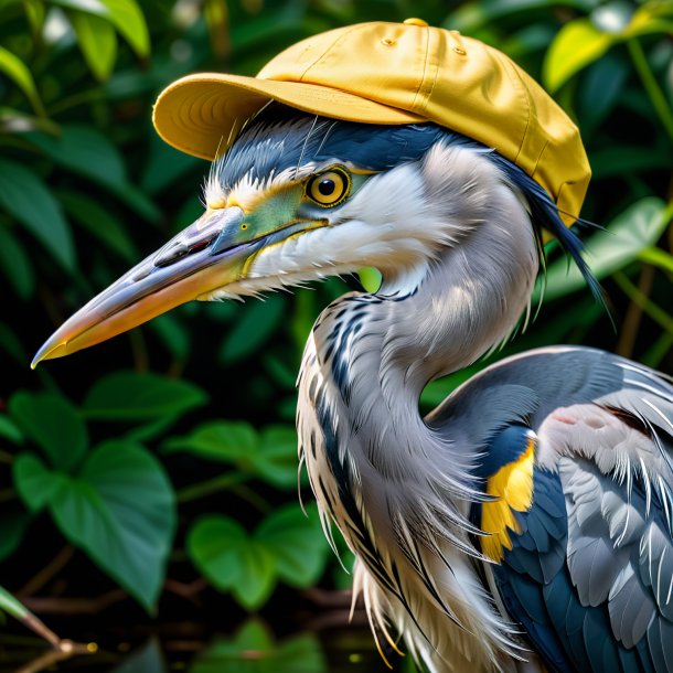 Foto de una garza en una gorra amarilla