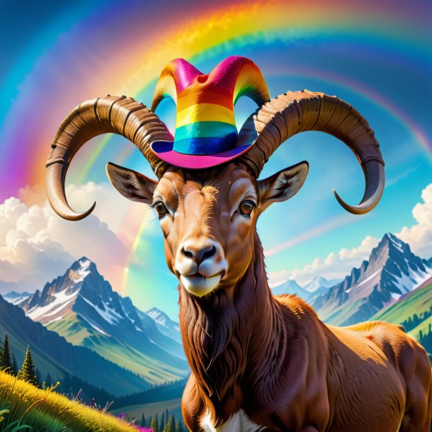 Illustration d'un ibex dans un chapeau sur l'arc-en-ciel