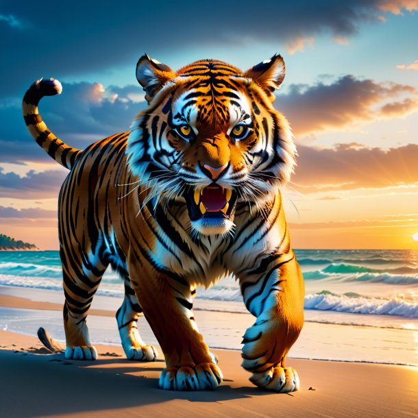 Photo of a threatening of a tiger on the beach