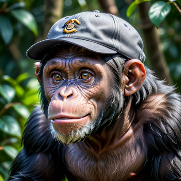 Photo of a chimpanzee in a gray cap