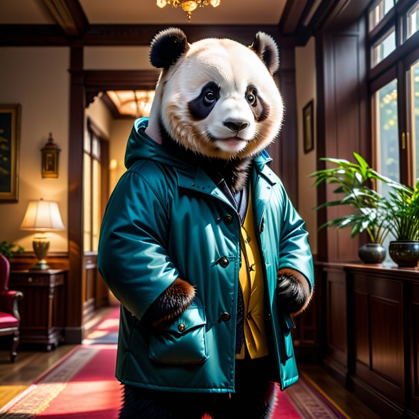 Image of a giant panda in a coat in the house