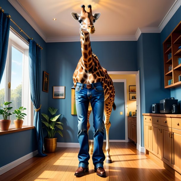 Illustration of a giraffe in a jeans in the house