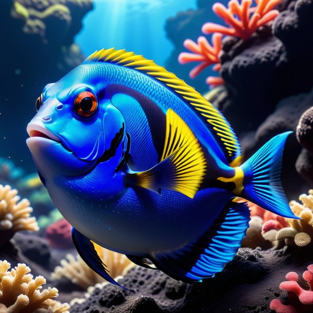 Pic of a blue tang in a vest in the volcano