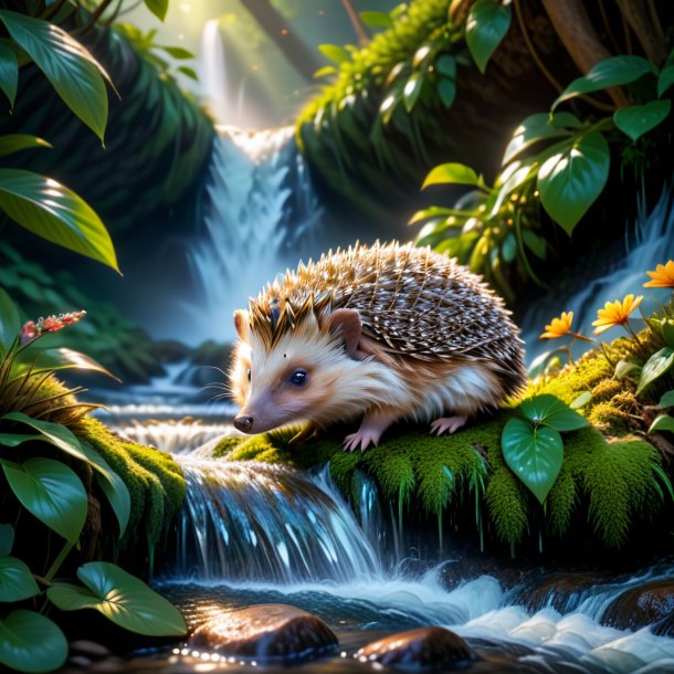 Picture of a sleeping of a hedgehog in the waterfall