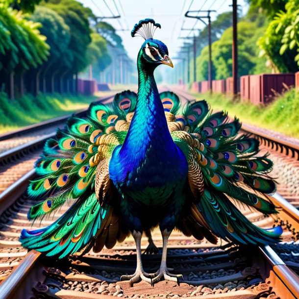 Picture of a smiling of a peacock on the railway tracks