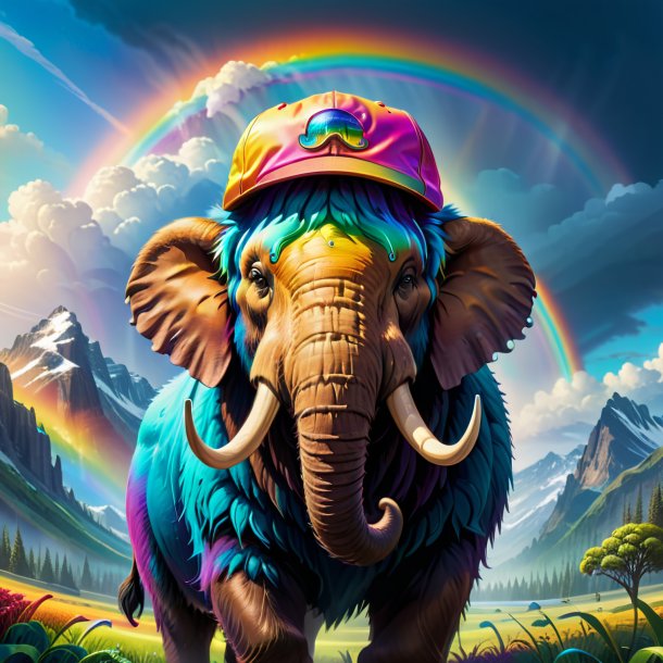 Illustration of a mammoth in a cap on the rainbow