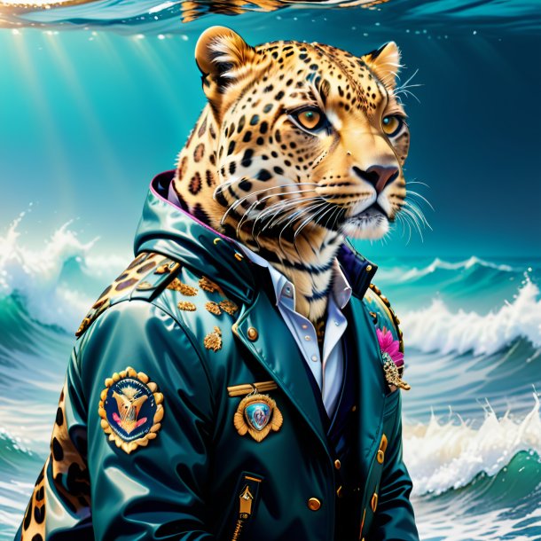 Drawing of a leopard in a jacket in the sea