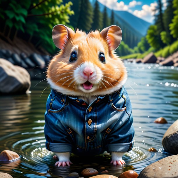 Image of a hamster in a jeans in the river