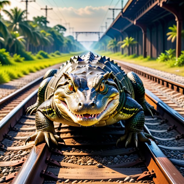 Foto de un juego de un caimán en las vías del ferrocarril