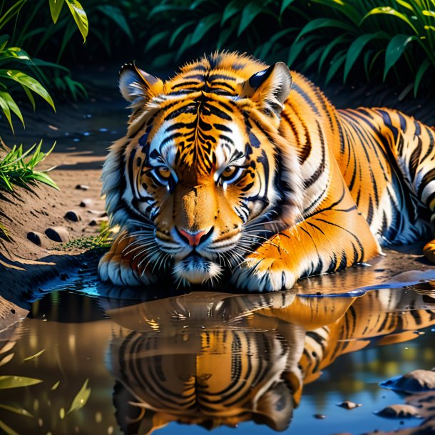 Image of a sleeping of a tiger in the puddle