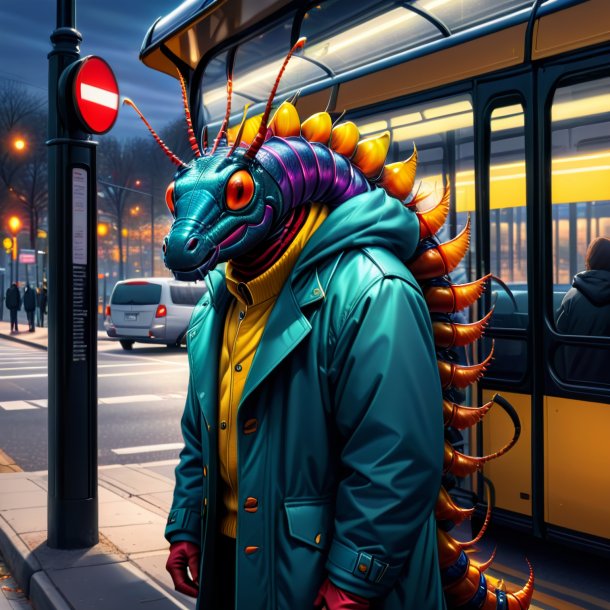 Drawing of a centipede in a coat on the bus stop