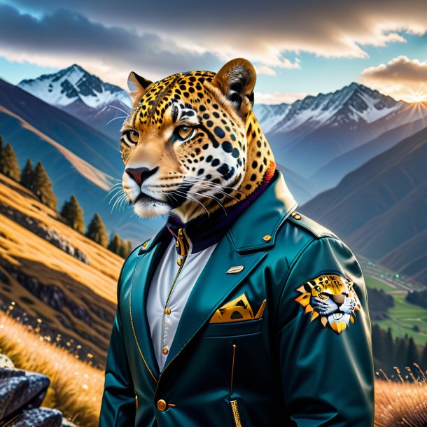 Image of a jaguar in a jacket in the mountains